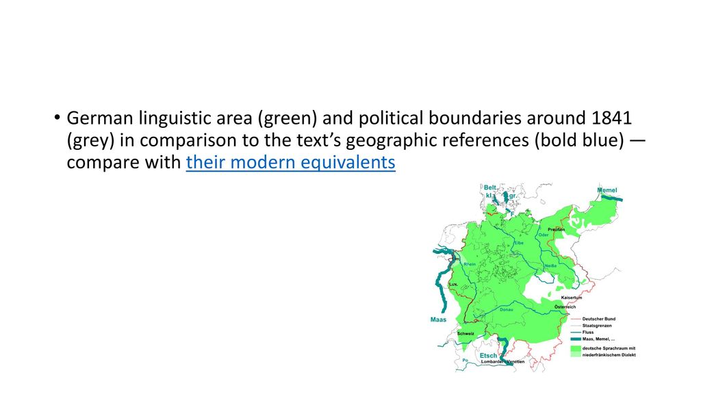 German linguistic area (green) and political boundaries around 1841 (grey) in comparison to the text’s geographic references (bold blue) — compare with their modern equivalents
