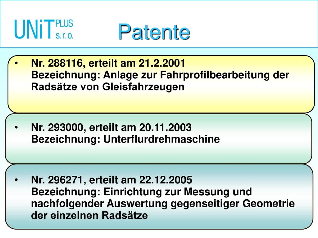 Patente Nr , erteilt am Bezeichnung: Anlage zur Fahrprofilbearbeitung der Radsätze von Gleisfahrzeugen.