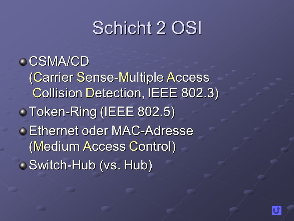 Schicht 2 OSI CSMA/CD (Carrier Sense-Multiple Access Collision Detection, IEEE 802.3) Token-Ring (IEEE 802.5)