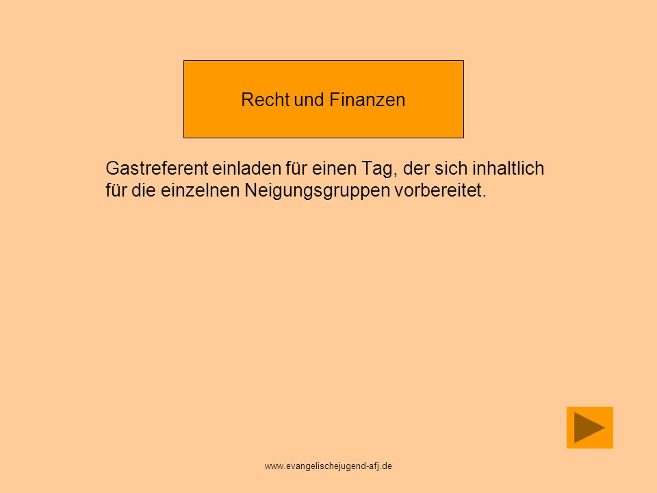 Recht und Finanzen Gastreferent einladen für einen Tag, der sich inhaltlich für die einzelnen Neigungsgruppen vorbereitet.