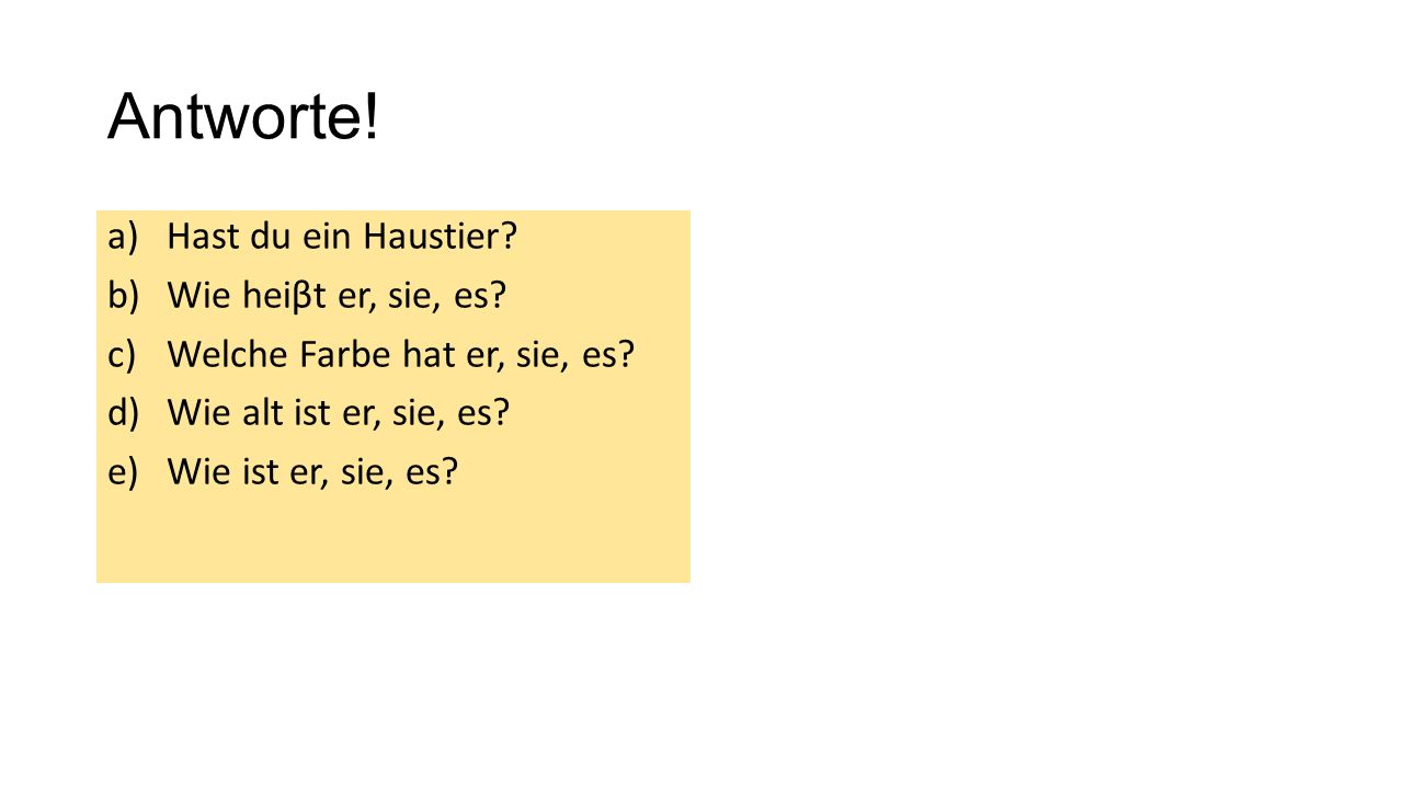Antworte! Hast du ein Haustier Wie heiβt er, sie, es