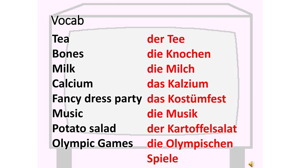 Vocab Tea der Tee Bones die Knochen Milk die Milch Calcium das Kalzium
