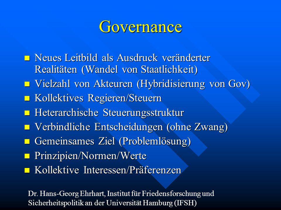 Governance Neues Leitbild als Ausdruck veränderter Realitäten (Wandel von Staatlichkeit) Vielzahl von Akteuren (Hybridisierung von Gov)