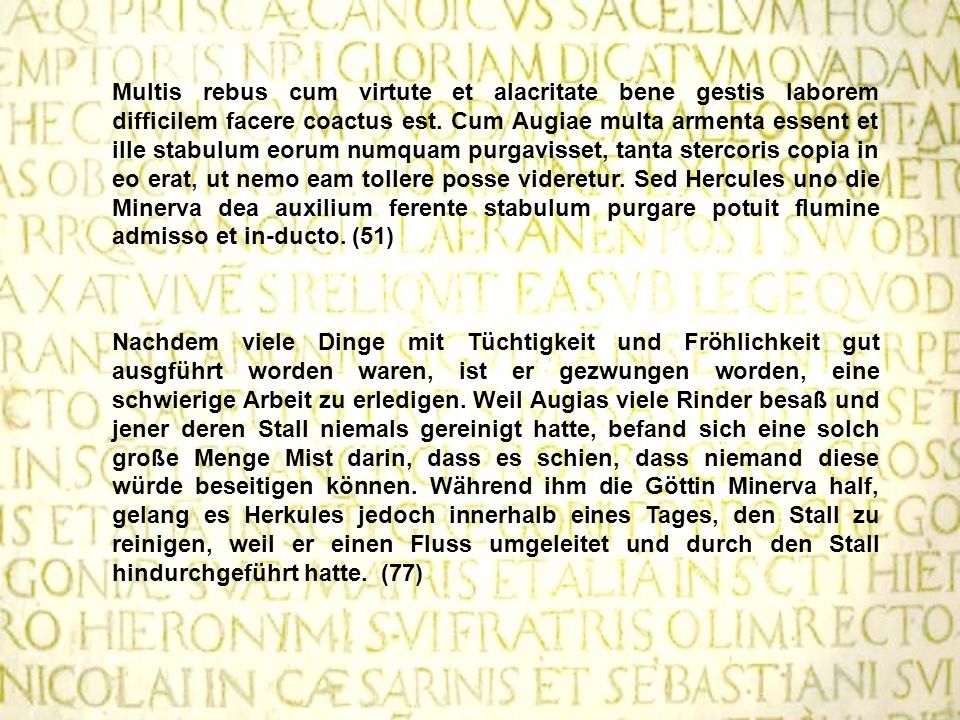 Multis rebus cum virtute et alacritate bene gestis laborem difficilem facere coactus est. Cum Augiae multa armenta essent et ille stabulum eorum numquam purgavisset, tanta stercoris copia in eo erat, ut nemo eam tollere posse videretur. Sed Hercules uno die Minerva dea auxilium ferente stabulum purgare potuit flumine admisso et in-ducto. (51)