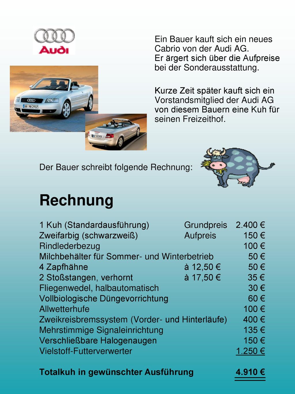 Ein Bauer kauft sich ein neues Cabrio von der Audi AG
