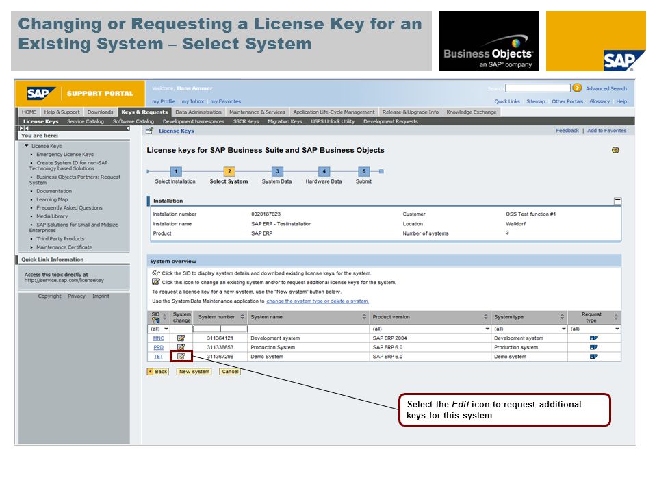 Changing or Requesting a License Key for an Existing System – Select System