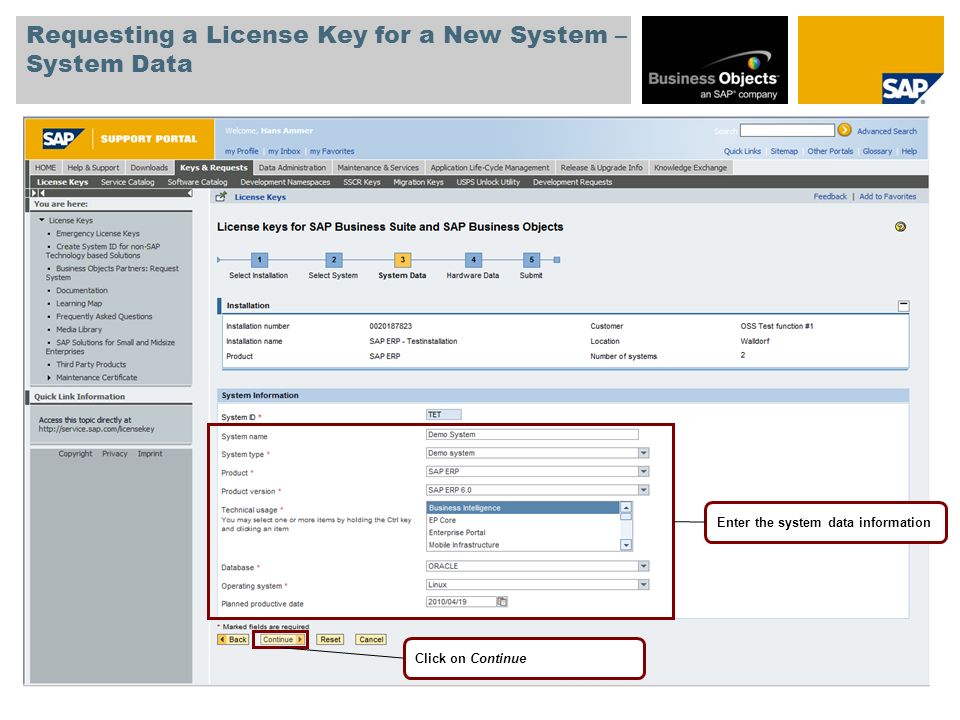 Requesting a License Key for a New System – System Data