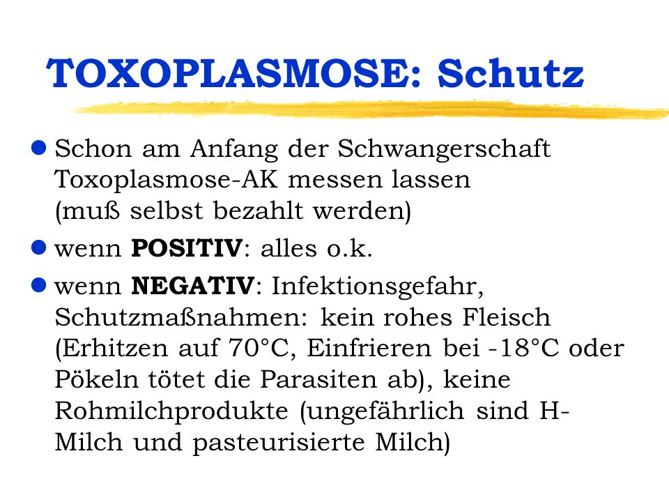TOXOPLASMOSE: Schutz Schon am Anfang der Schwangerschaft Toxoplasmose-AK messen lassen (muß selbst bezahlt werden)