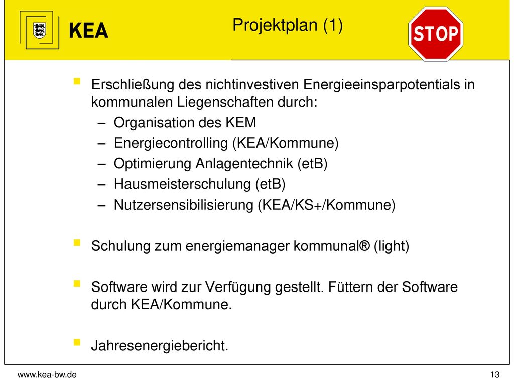 Projektplan (1) Erschließung des nichtinvestiven Energieeinsparpotentials in kommunalen Liegenschaften durch: