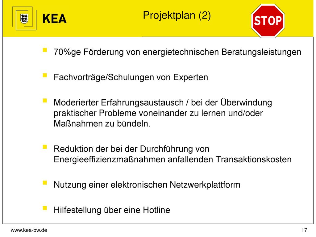 Projektplan (2) 70%ge Förderung von energietechnischen Beratungsleistungen. Fachvorträge/Schulungen von Experten.