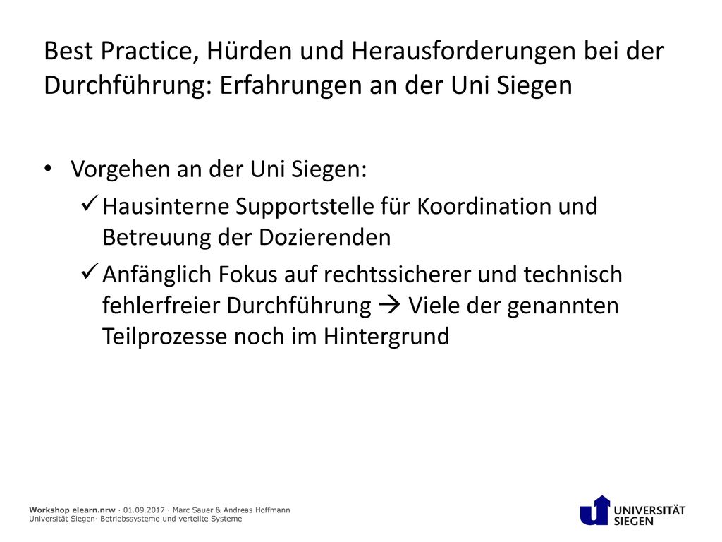 Best Practice, Hürden und Herausforderungen bei der Durchführung: Erfahrungen an der Uni Siegen