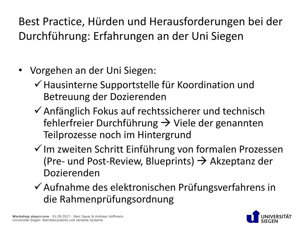 Best Practice, Hürden und Herausforderungen bei der Durchführung: Erfahrungen an der Uni Siegen