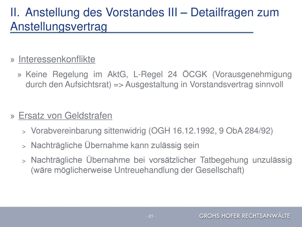 II. Anstellung des Vorstandes III – Detailfragen zum Anstellungsvertrag