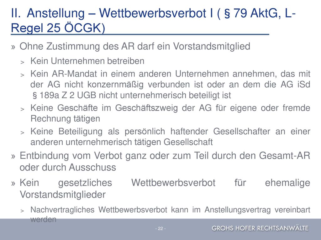 II. Anstellung – Wettbewerbsverbot I (§79 AktG, L-Regel 25 ÖCGK)
