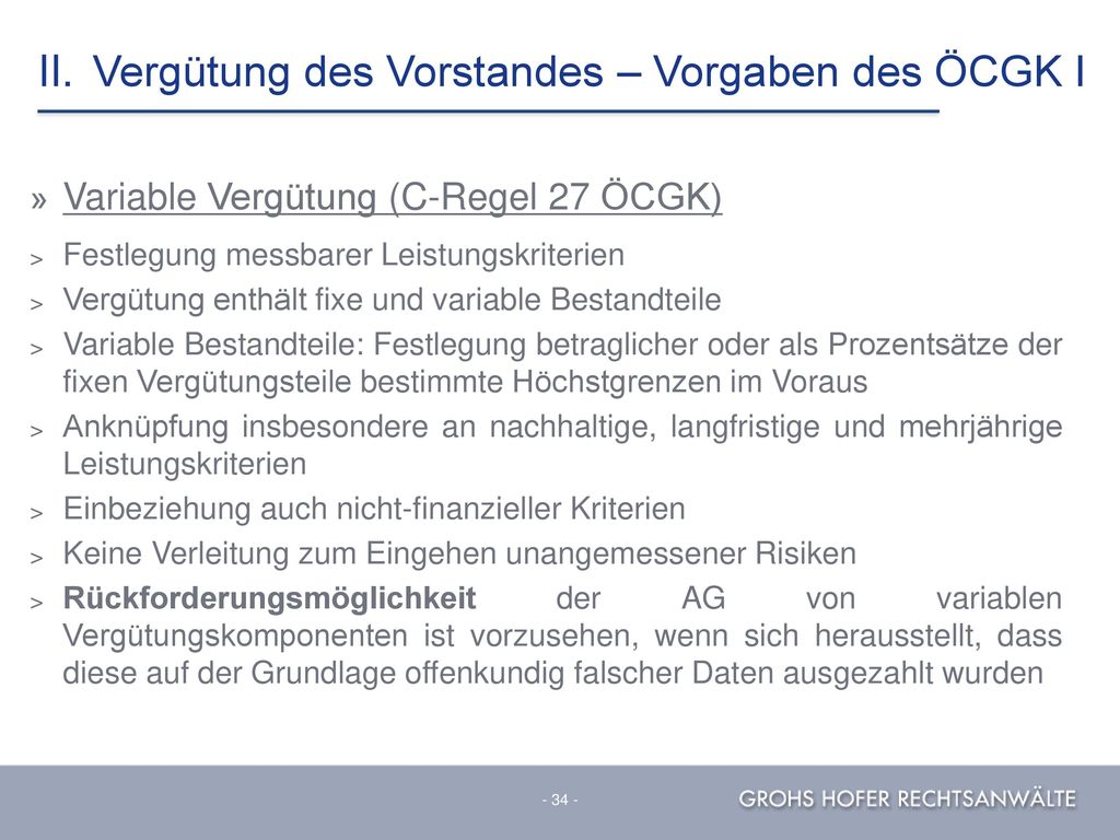 II. Vergütung des Vorstandes – Vorgaben des ÖCGK I