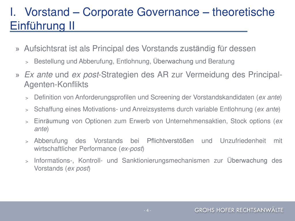 I. Vorstand – Corporate Governance – theoretische Einführung II