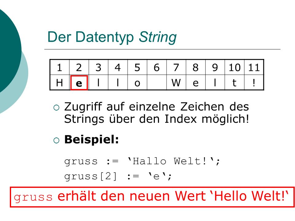Der Datentyp String gruss erhält den neuen Wert ‘Hello Welt!‘