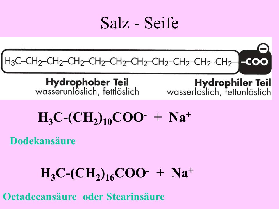 Salz - Seife H3C-(CH2)10COO- + Na+ H3C-(CH2)16COO- + Na+ Dodekansäure