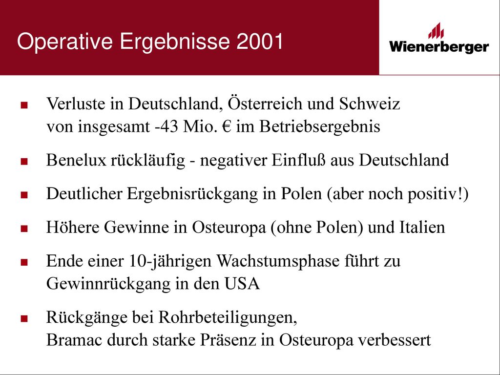 Operative Ergebnisse 2001 Verluste in Deutschland, Österreich und Schweiz von insgesamt -43 Mio. € im Betriebsergebnis.