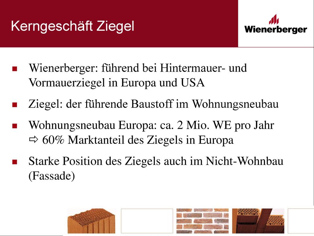 Kerngeschäft Ziegel Wienerberger: führend bei Hintermauer- und Vormauerziegel in Europa und USA. Ziegel: der führende Baustoff im Wohnungsneubau.