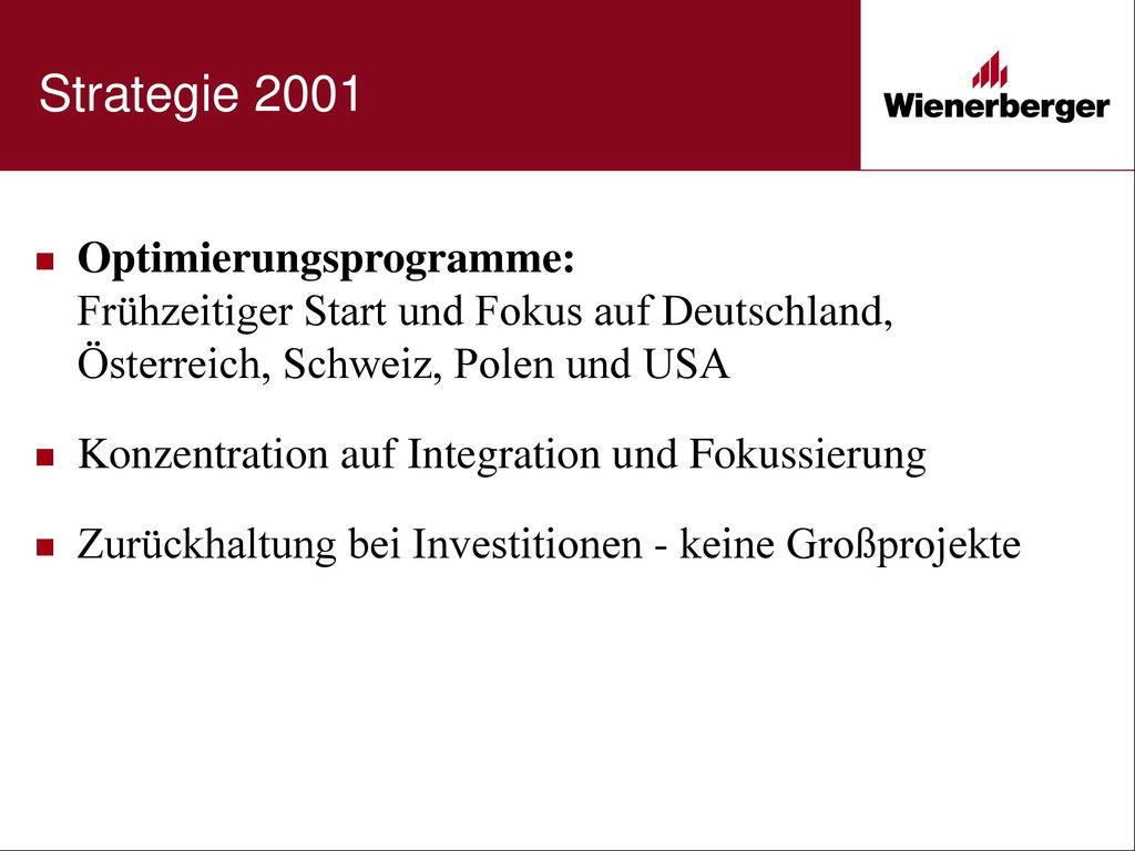 Strategie 2001 Optimierungsprogramme: Frühzeitiger Start und Fokus auf Deutschland, Österreich, Schweiz, Polen und USA.