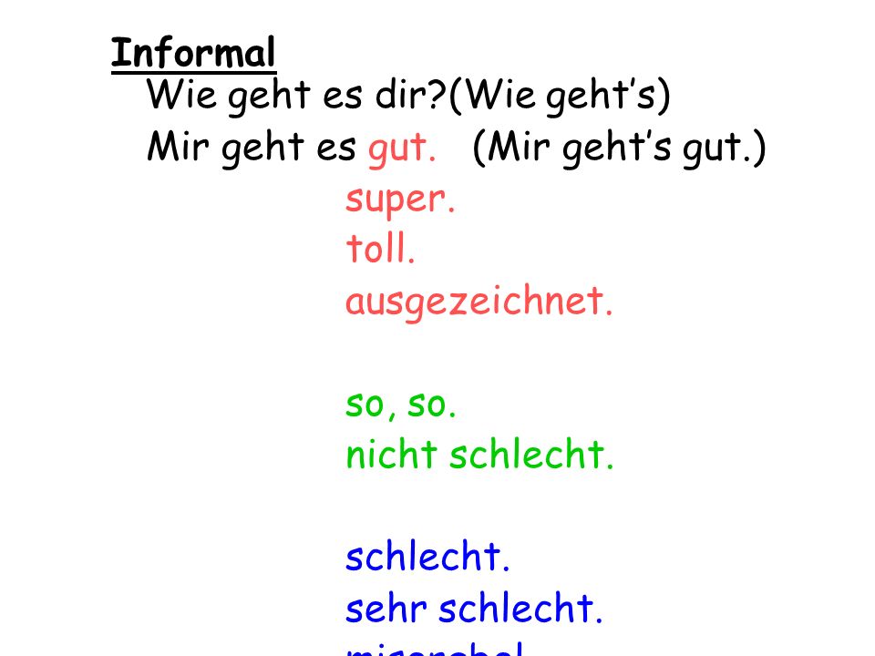 Informal Wie geht es dir (Wie geht’s) Mir geht es gut.