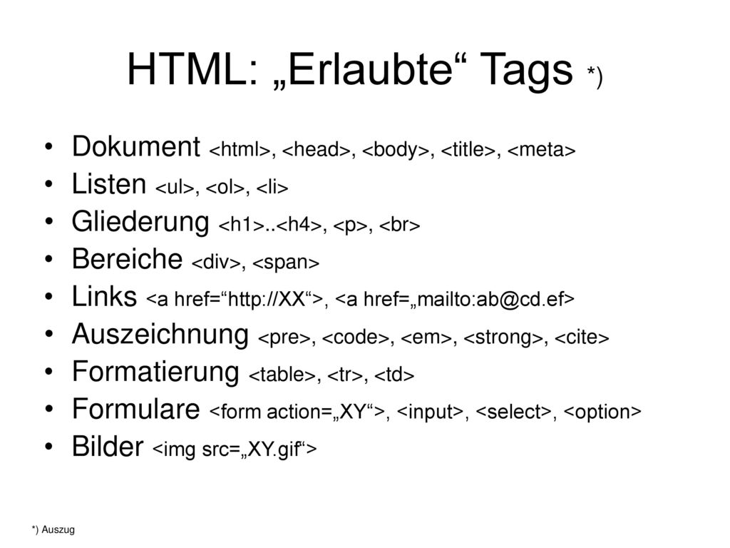 HTML: „Erlaubte Tags *)