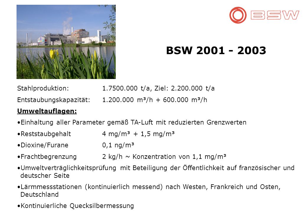 BSW Stahlproduktion: t/a, Ziel: t/a