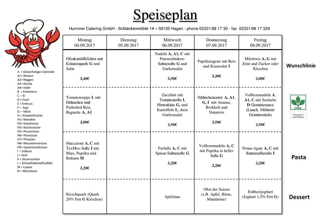 Speiseplan Pasta Dessert Wunschlinie Montag Dienstag
