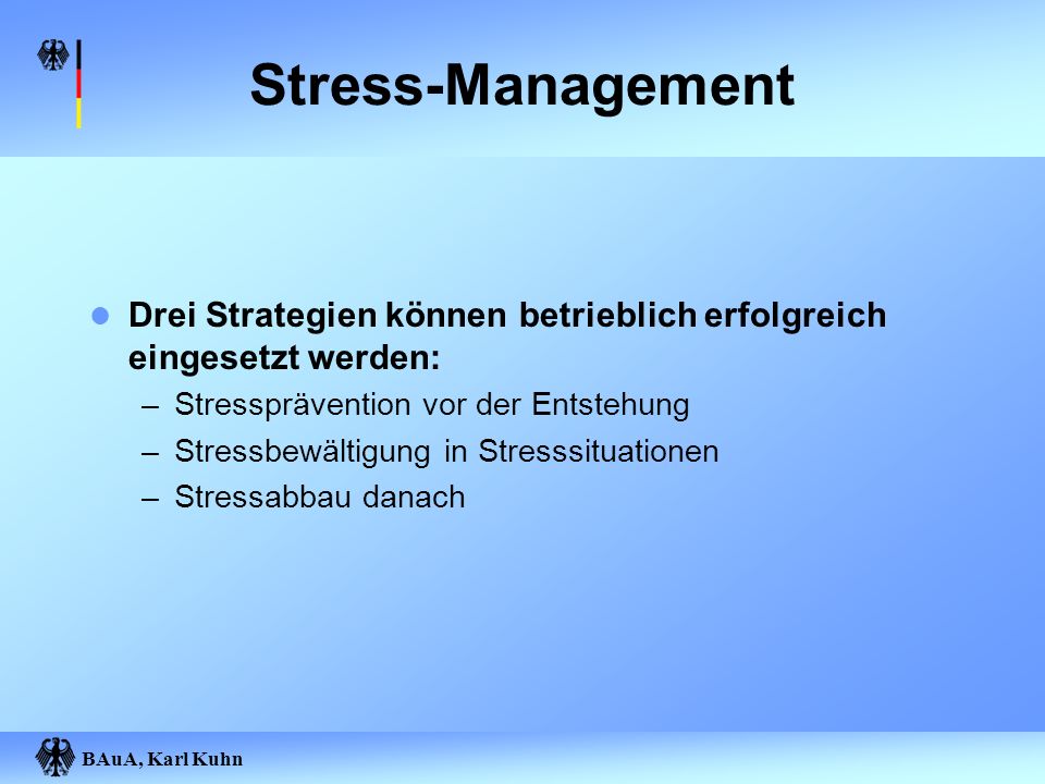 Stress-Management Drei Strategien können betrieblich erfolgreich eingesetzt werden: Stressprävention vor der Entstehung.