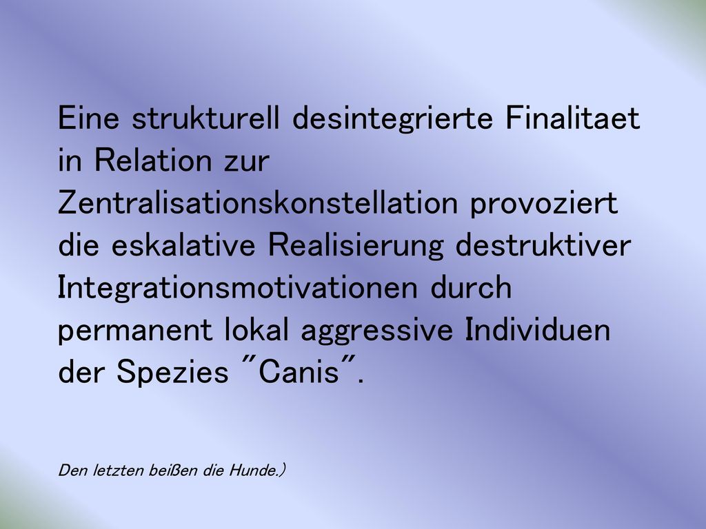 Eine strukturell desintegrierte Finalitaet in Relation zur Zentralisationskonstellation provoziert die eskalative Realisierung destruktiver Integrationsmotivationen durch permanent lokal aggressive Individuen der Spezies Canis .