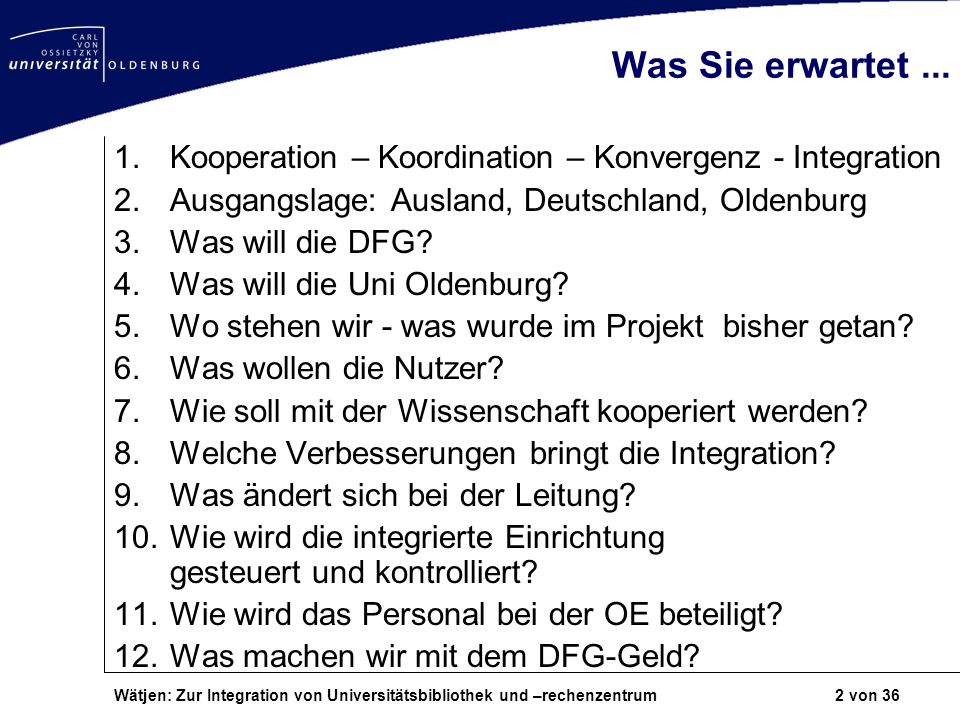 Was Sie erwartet ... Kooperation – Koordination – Konvergenz - Integration. Ausgangslage: Ausland, Deutschland, Oldenburg.