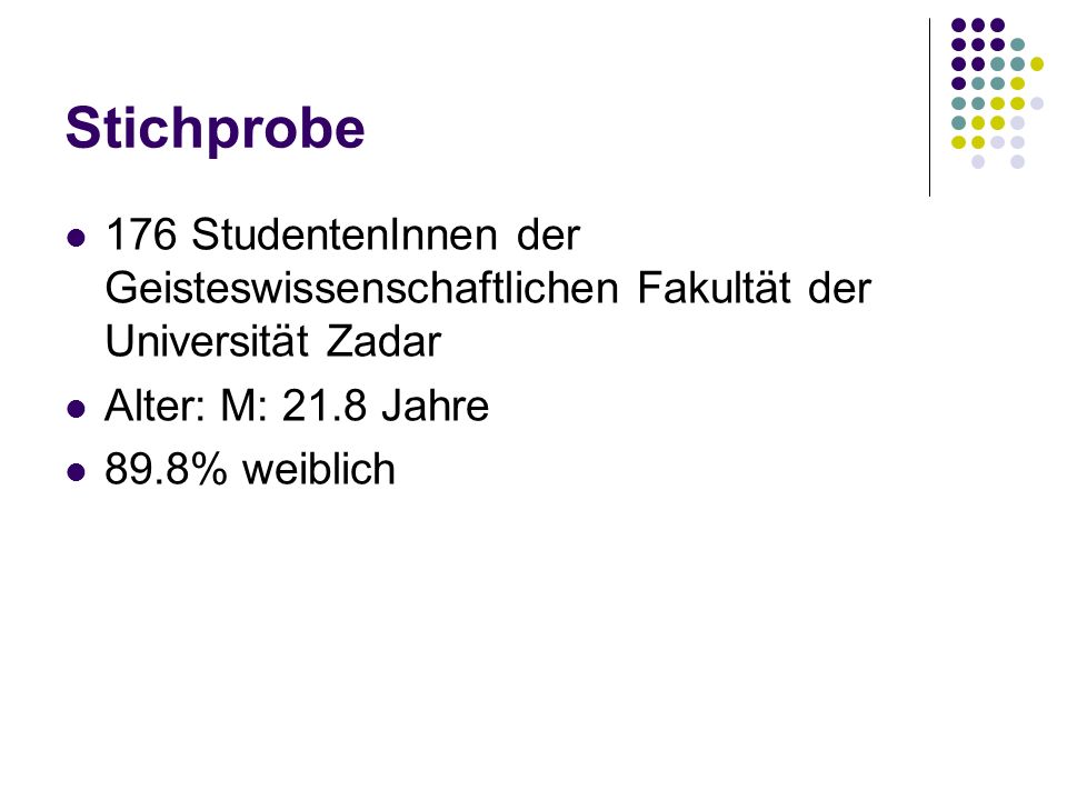 Stichprobe 176 StudentenInnen der Geisteswissenschaftlichen Fakultät der Universität Zadar. Alter: M: 21.8 Jahre.