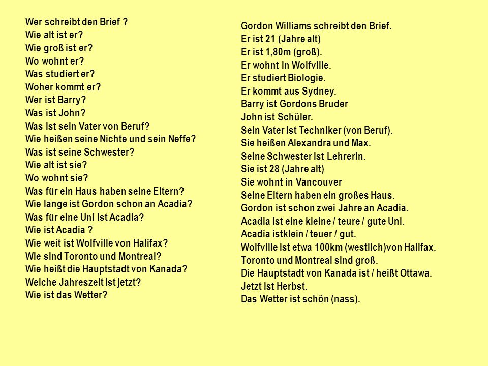 Wer schreibt den Brief Wie alt ist er Wie groß ist er Wo wohnt er Was studiert er Woher kommt er
