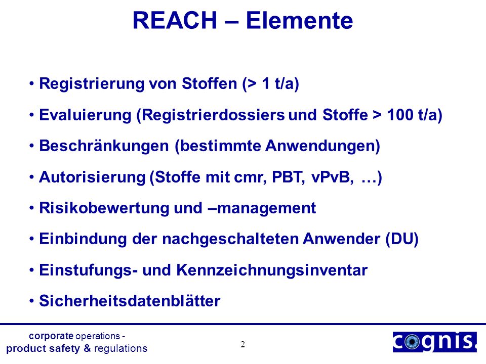 REACH – Elemente Registrierung von Stoffen (> 1 t/a)