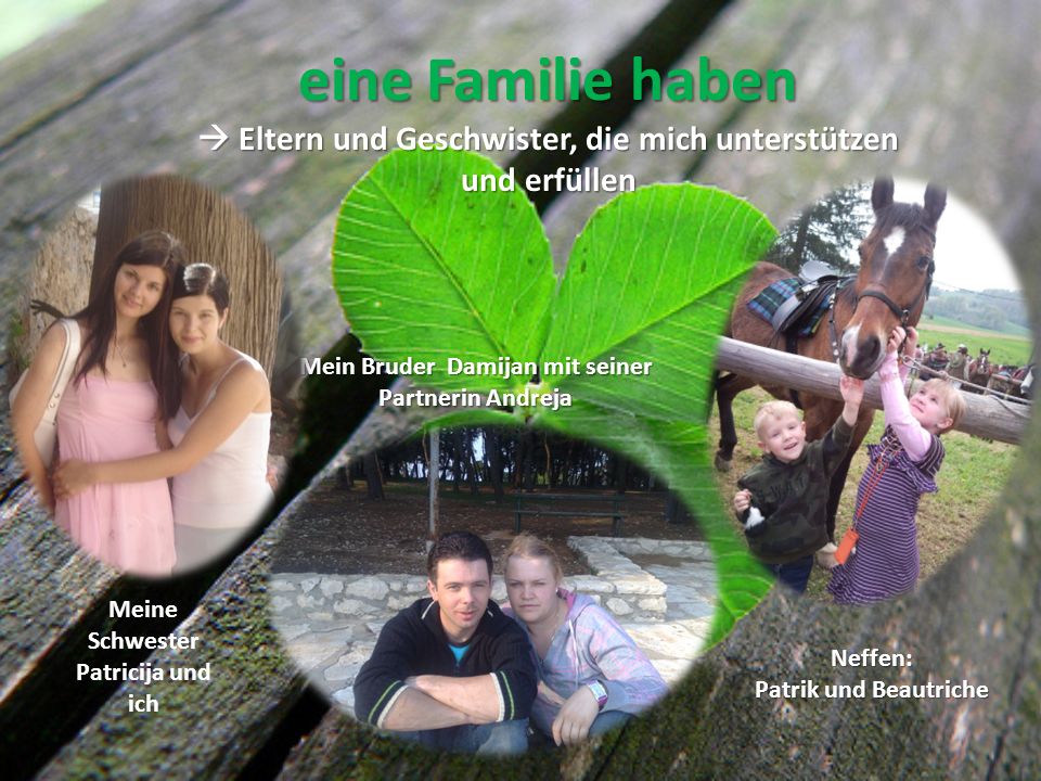 eine Familie haben  Eltern und Geschwister, die mich unterstützen und erfüllen. Mein Bruder Damijan mit seiner.