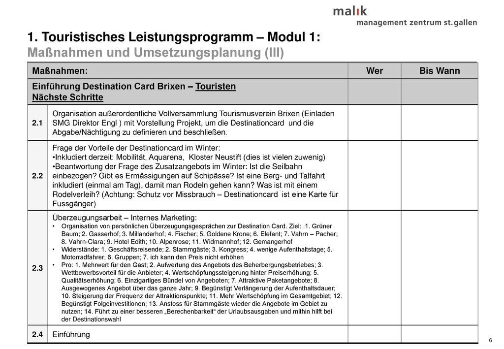 1. Touristisches Leistungsprogramm – Modul 1: Maßnahmen und Umsetzungsplanung (III)