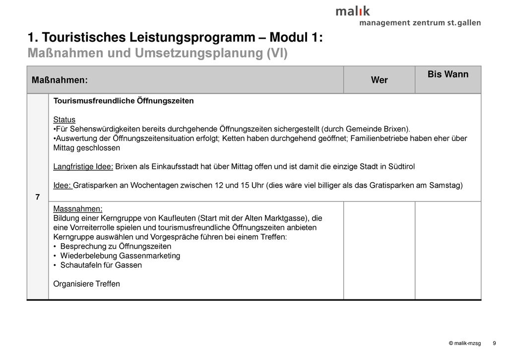 1. Touristisches Leistungsprogramm – Modul 1: Maßnahmen und Umsetzungsplanung (VI)