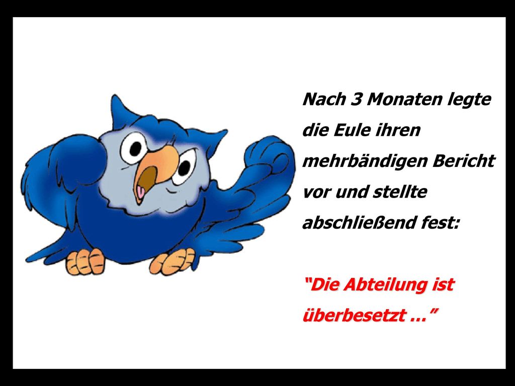 Nach 3 Monaten legte die Eule ihren mehrbändigen Bericht vor und stellte abschließend fest:
