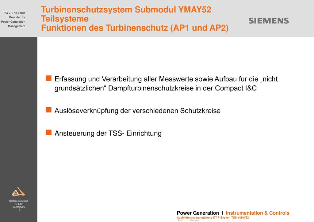 Turbinenschutzsystem Submodul YMAY52 Teilsysteme Funktionen des Turbinenschutz (AP1 und AP2)