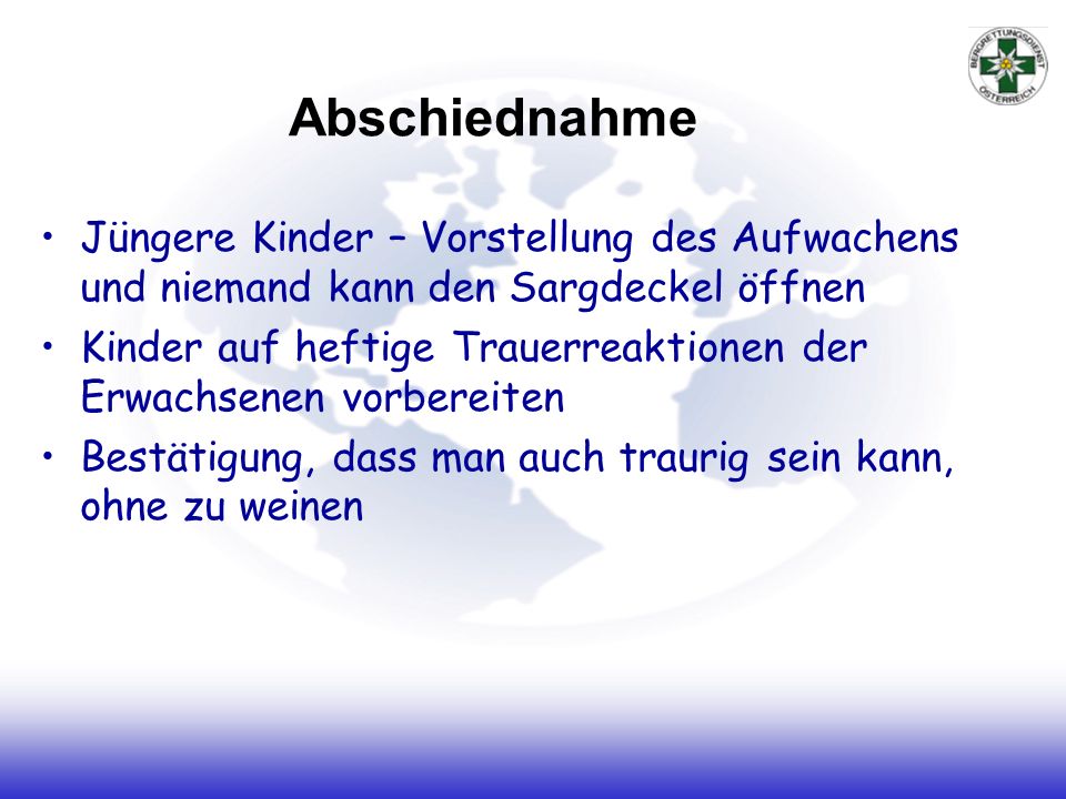 Abschiednahme Jüngere Kinder – Vorstellung des Aufwachens und niemand kann den Sargdeckel öffnen.