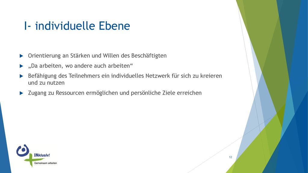 I- individuelle Ebene Orientierung an Stärken und Willen des Beschäftigten. „Da arbeiten, wo andere auch arbeiten