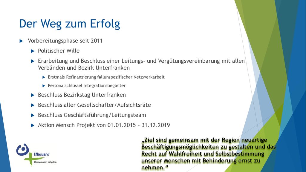 Der Weg zum Erfolg Vorbereitungsphase seit 2011 Politischer Wille