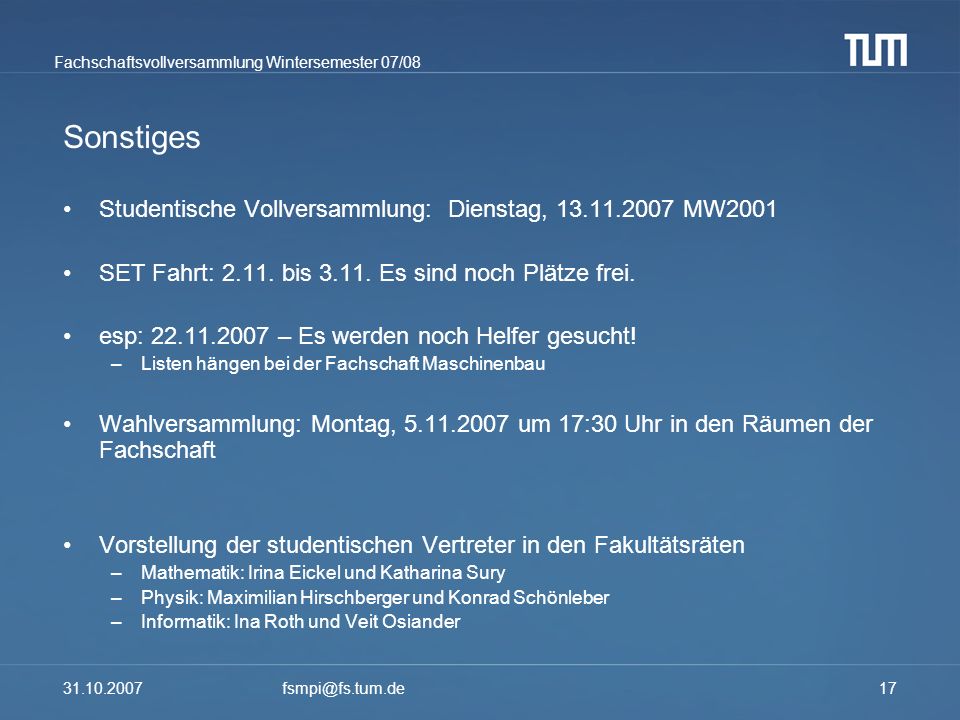 Sonstiges Studentische Vollversammlung: Dienstag, MW2001
