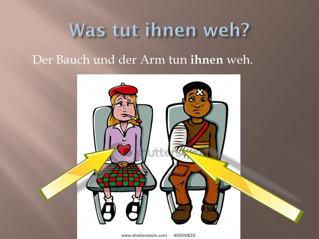 Was tut ihnen weh Der Bauch und der Arm tun ihnen weh.