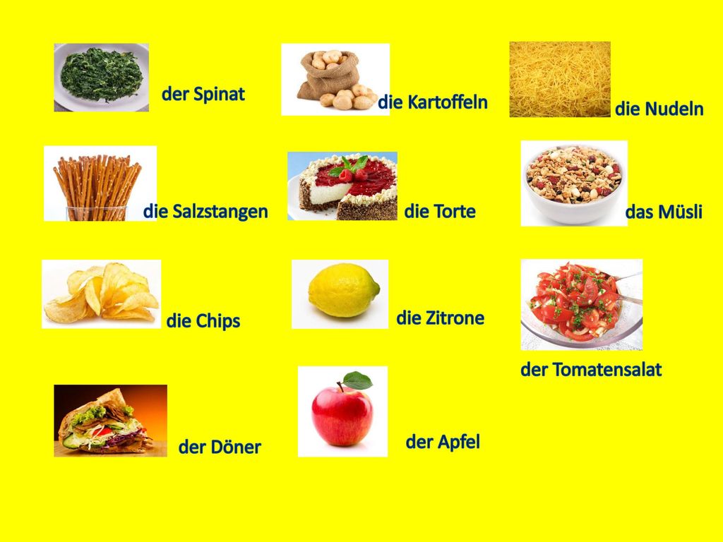 der Spinat die Kartoffeln. die Nudeln. die Salzstangen. die Torte. das Müsli. die Chips. die Zitrone.