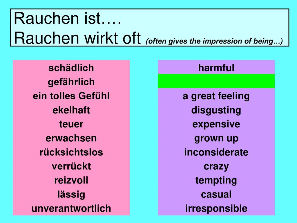 Rauchen ist…. Rauchen wirkt oft (often gives the impression of being…)