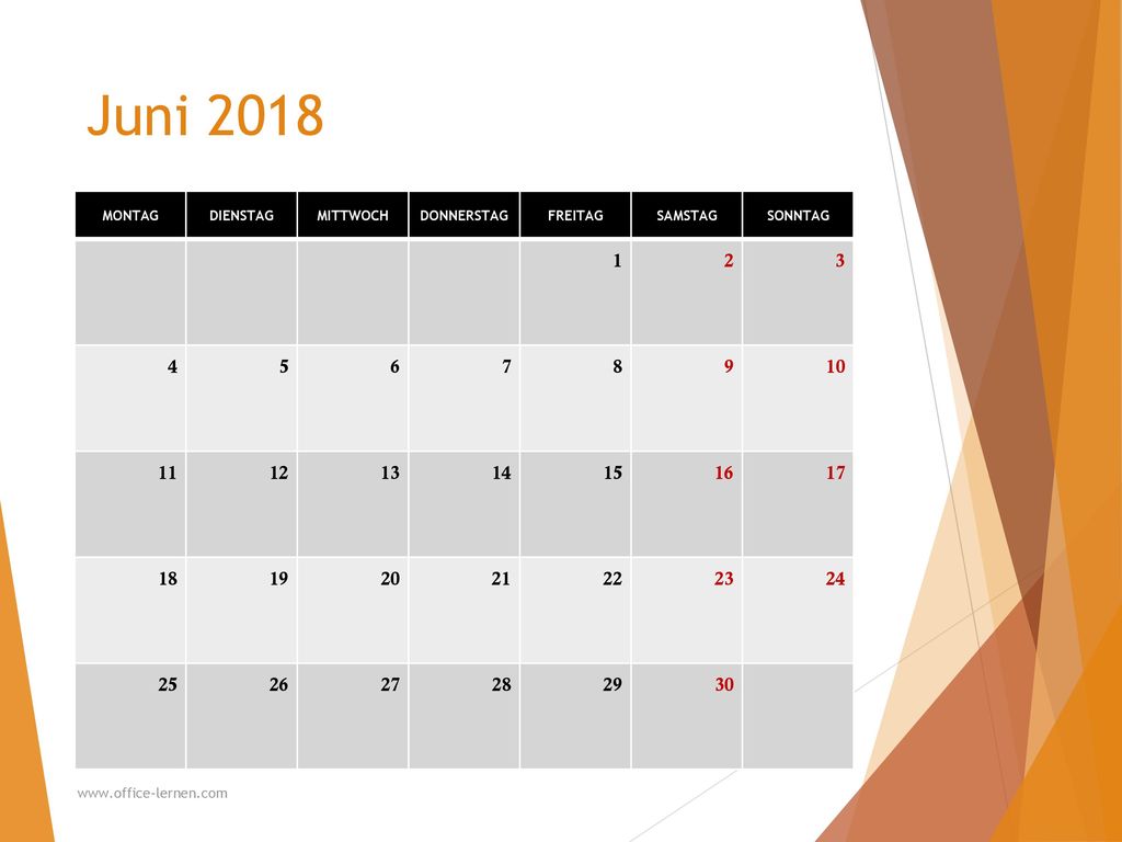 Juni 2018 MONTAG. DIENSTAG. MITTWOCH. DONNERSTAG. FREITAG. SAMSTAG. SONNTAG