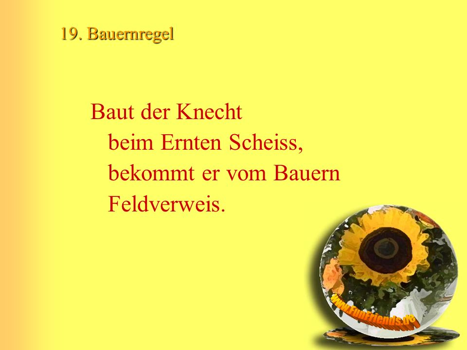 19. Bauernregel Baut der Knecht beim Ernten Scheiss, bekommt er vom Bauern Feldverweis.