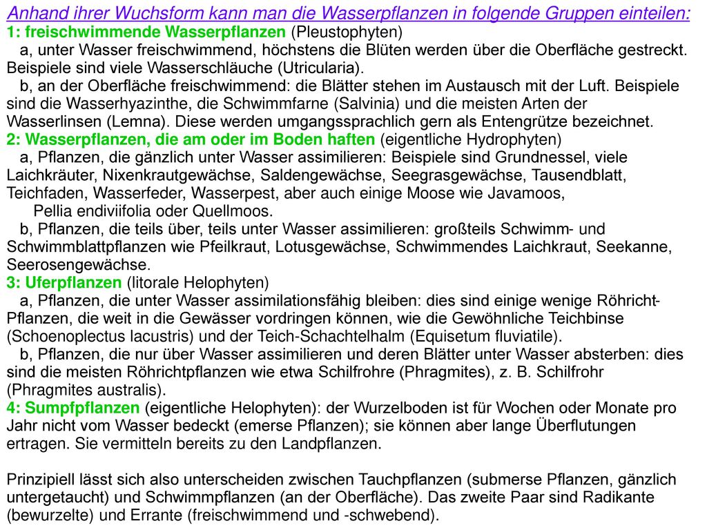 Anhand ihrer Wuchsform kann man die Wasserpflanzen in folgende Gruppen einteilen: